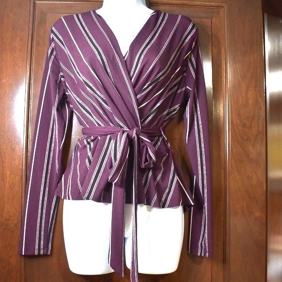 Womens Maroon Burgundy Striped Long Sleeve Blouse Size Medium - Picture 10 of 15